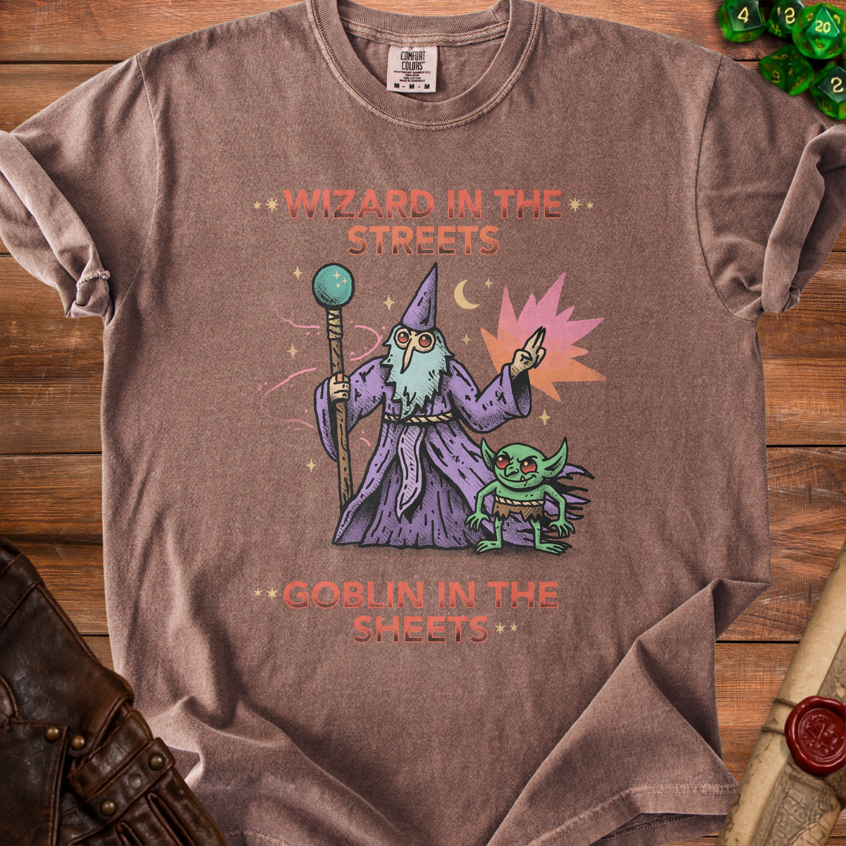 T-shirt with wizard and goblin graphic, text reads "WIZARD IN THE STREETS GOBLIN IN THE SHEETS".