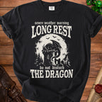 Black t-shirt with "Severe weather warning LONG REST do not disturb THE DRAGON" text and dragon graphic.