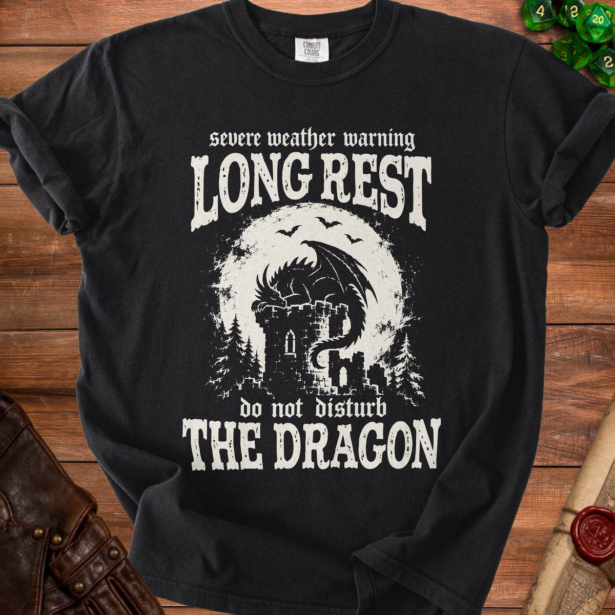 Black t-shirt with "Severe weather warning LONG REST do not disturb THE DRAGON" text and dragon graphic.