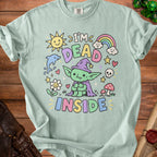 Light green t-shirt with a goblin graphic saying "I'M DEAD INSIDE."