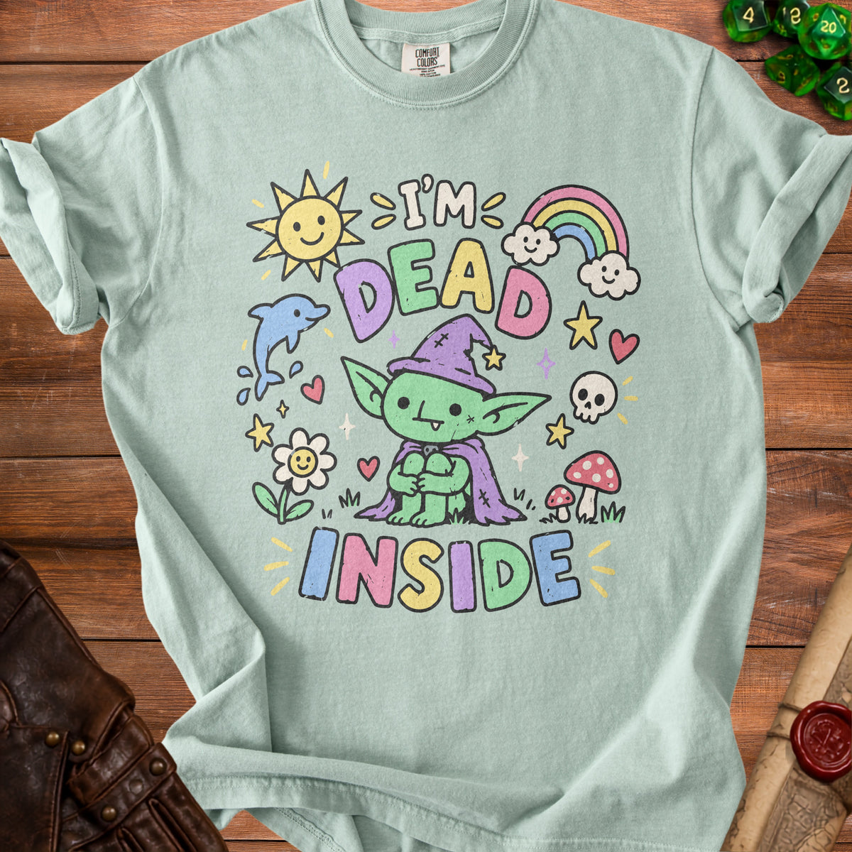 Light green t-shirt with a goblin graphic saying "I'M DEAD INSIDE."