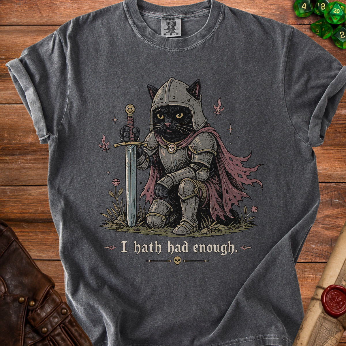 Knight cat in armor holding sword with text "I hath had enough."