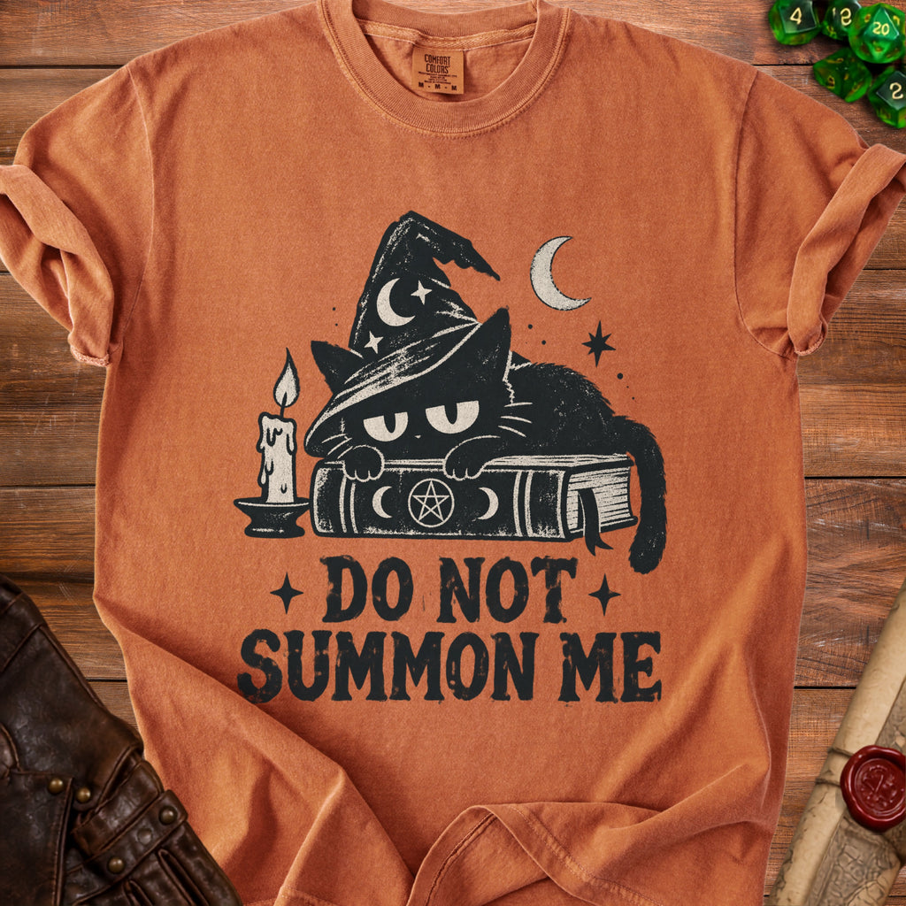 T-shirt with black cat wearing witch hat and text "Do Not Summon Me".