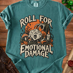 Teal t-shirt with a D20 die, skeletal hand, mushrooms, and text "Roll For Emotional Damage".