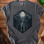 Dark gray t-shirt with a D20 die design featuring adventurers in a moonlit forest.