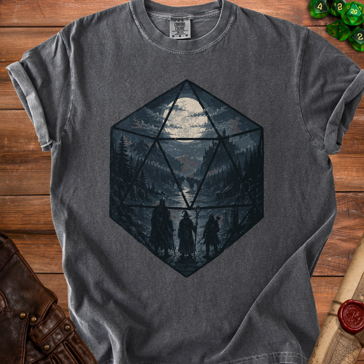 Dark gray t-shirt with a D20 die design featuring adventurers in a moonlit forest.