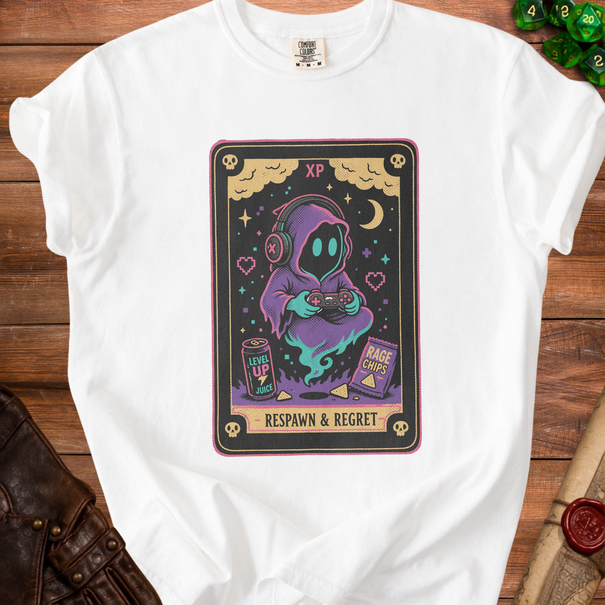 White t-shirt with "Respawn & Regret" gamer graphic featuring a hooded figure, "Level Up Juice", and "Rage Chips".