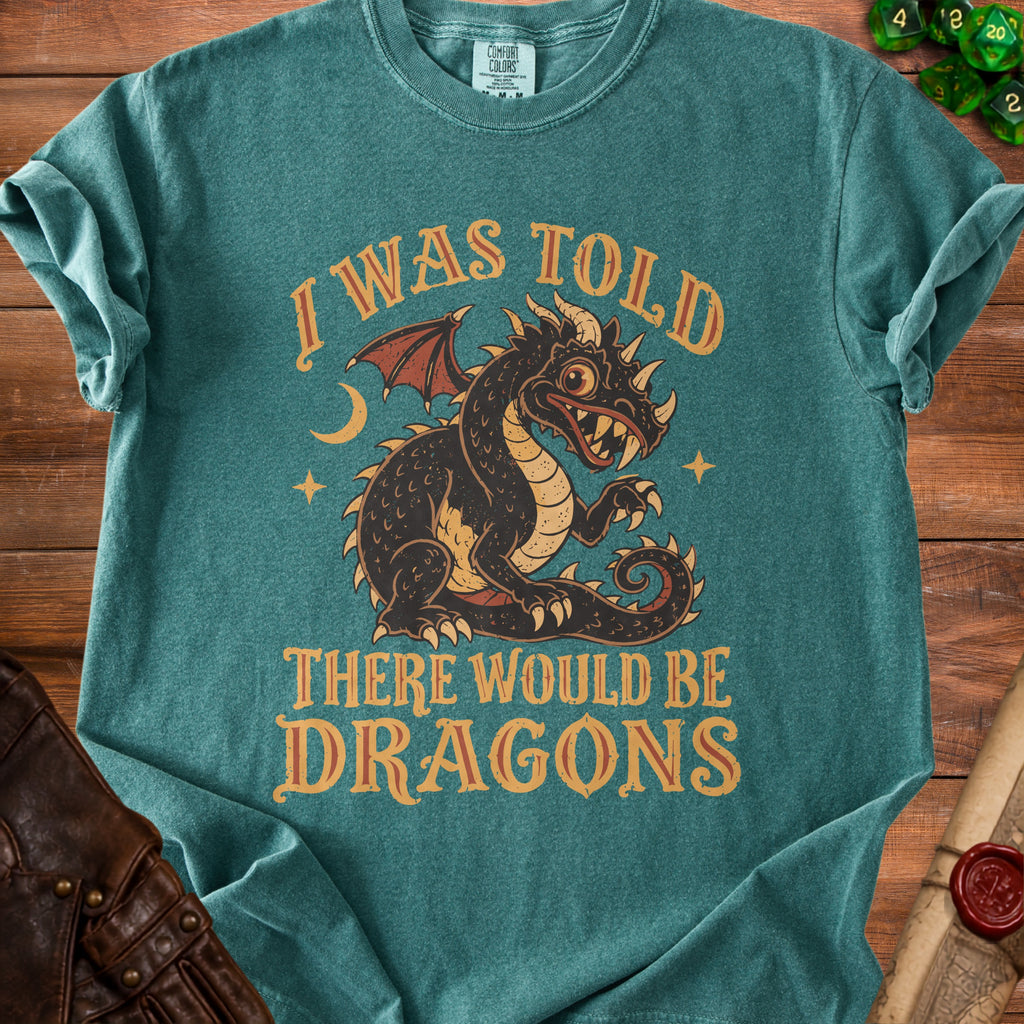 Teal t-shirt with a black dragon graphic and text "I WAS TOLD THERE WOULD BE DRAGONS".
