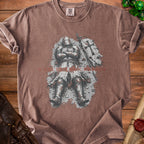 Brown t-shirt with a graphic of a knight in armor and the text "CANCEL THE CRUSADE".
