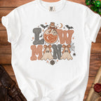 White t-shirt with "Low Mana" Halloween design featuring potion, ghosts, bats, and dice.