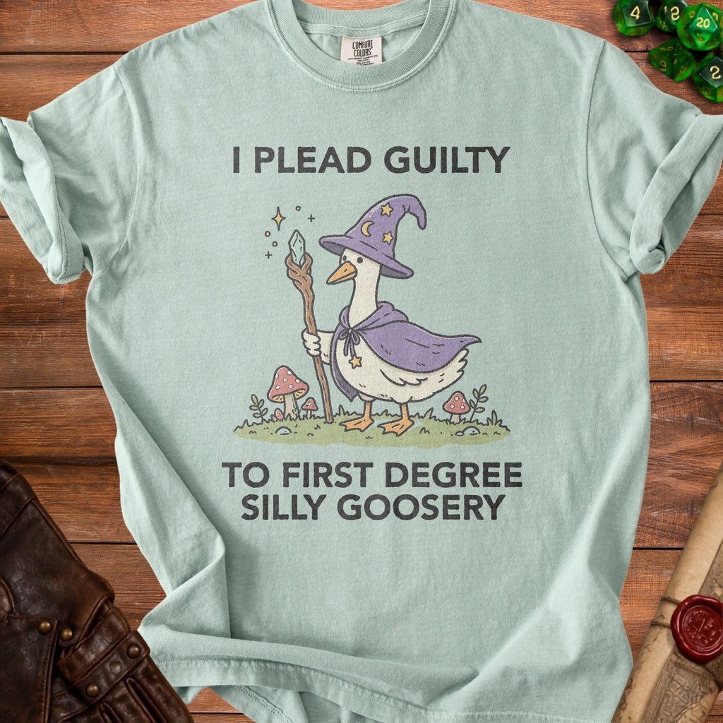 T-shirt with wizard duck graphic and text "I plead guilty to first degree silly goosery".