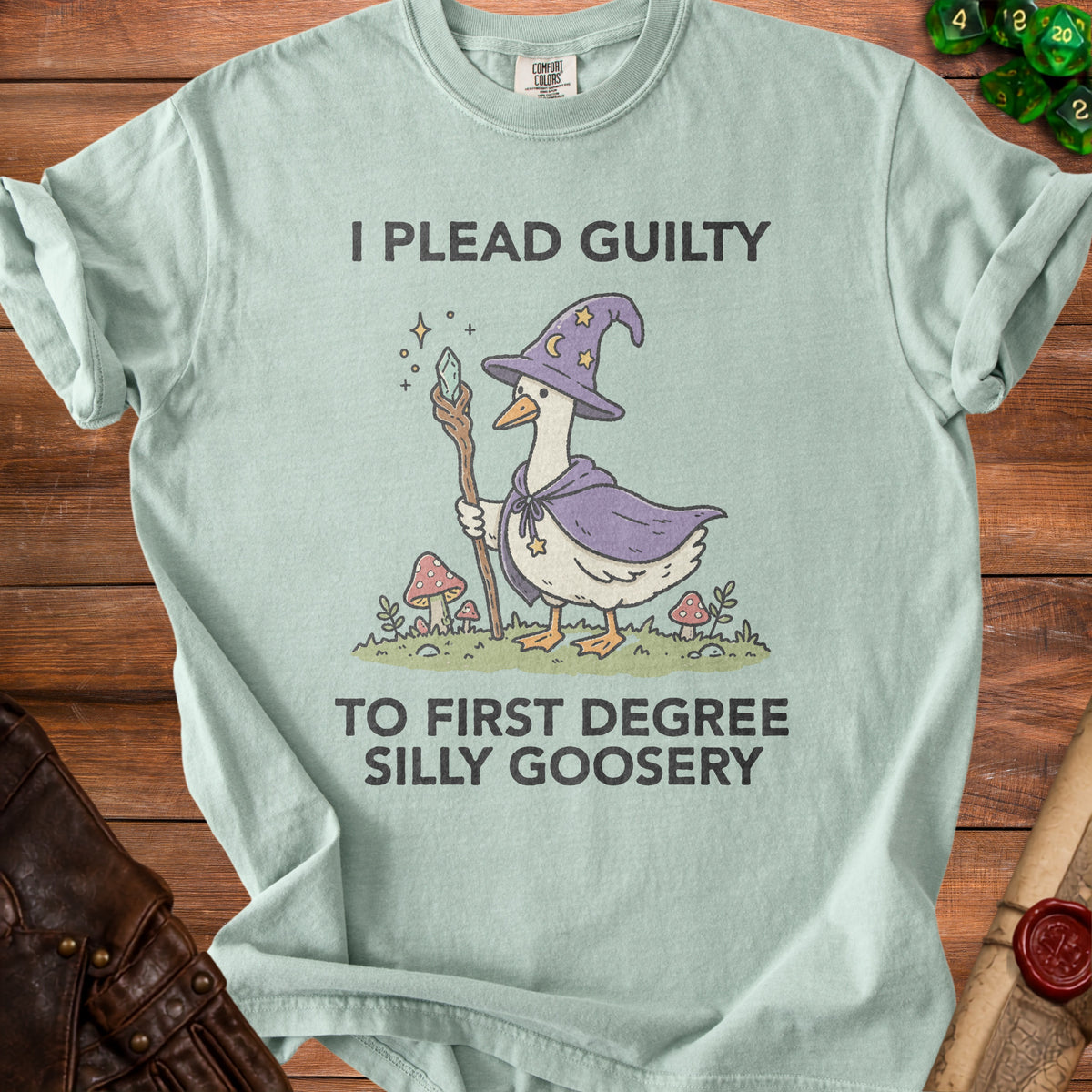 T-shirt with wizard duck graphic and text "I plead guilty to first degree silly goosery".