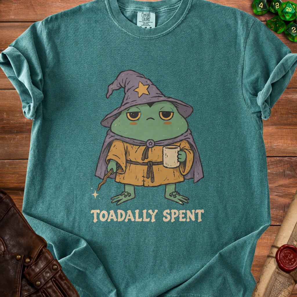 Green t-shirt with a wizard frog design and "Toadally Spent" text.