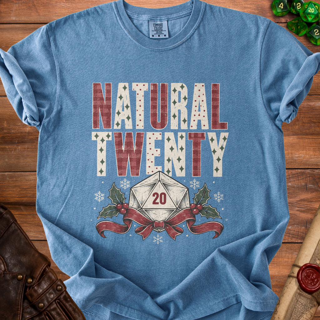 Blue t-shirt with "NATURAL TWENTY" text and a D20 die with holly.