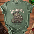 Green t-shirt with "Loot Goblin" art, a goblin with mushrooms, dice, and a bag of loot.
