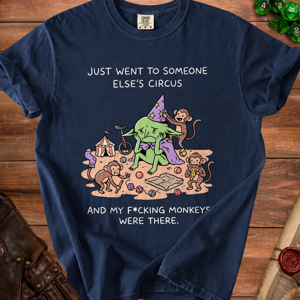 A sad goblin in a wizard hat with monkeys and text about circus and monkeys.