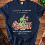 A sad goblin in a wizard hat with monkeys and text about circus and monkeys.