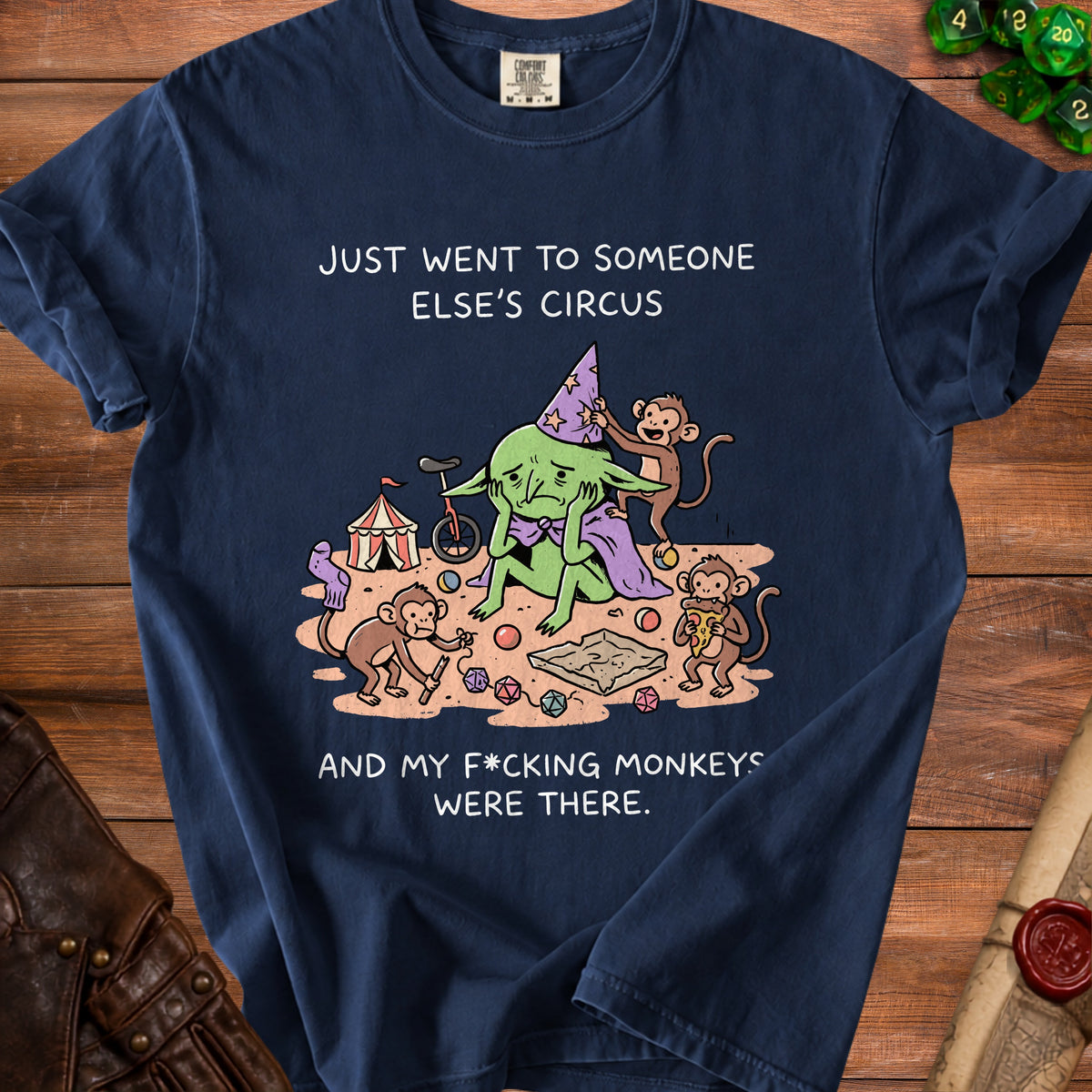 A sad goblin in a wizard hat with monkeys and text about circus and monkeys.