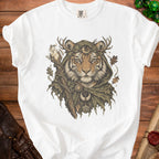 Tiger shaman with deer antlers, staff, moon, and d20 dice on a white t-shirt.