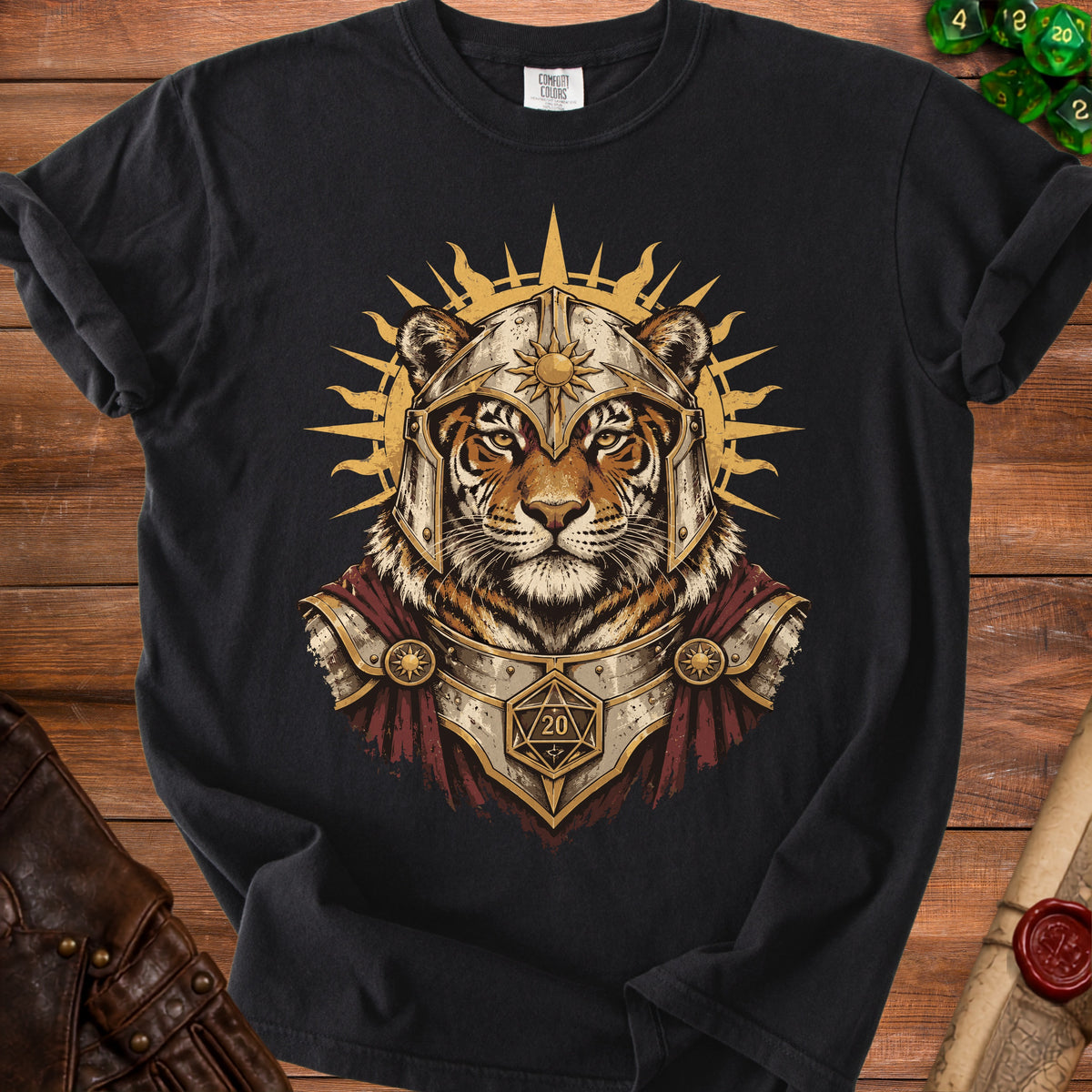 Tiger wearing knight's armor and helmet with sunburst and twenty-sided die on black t-shirt.