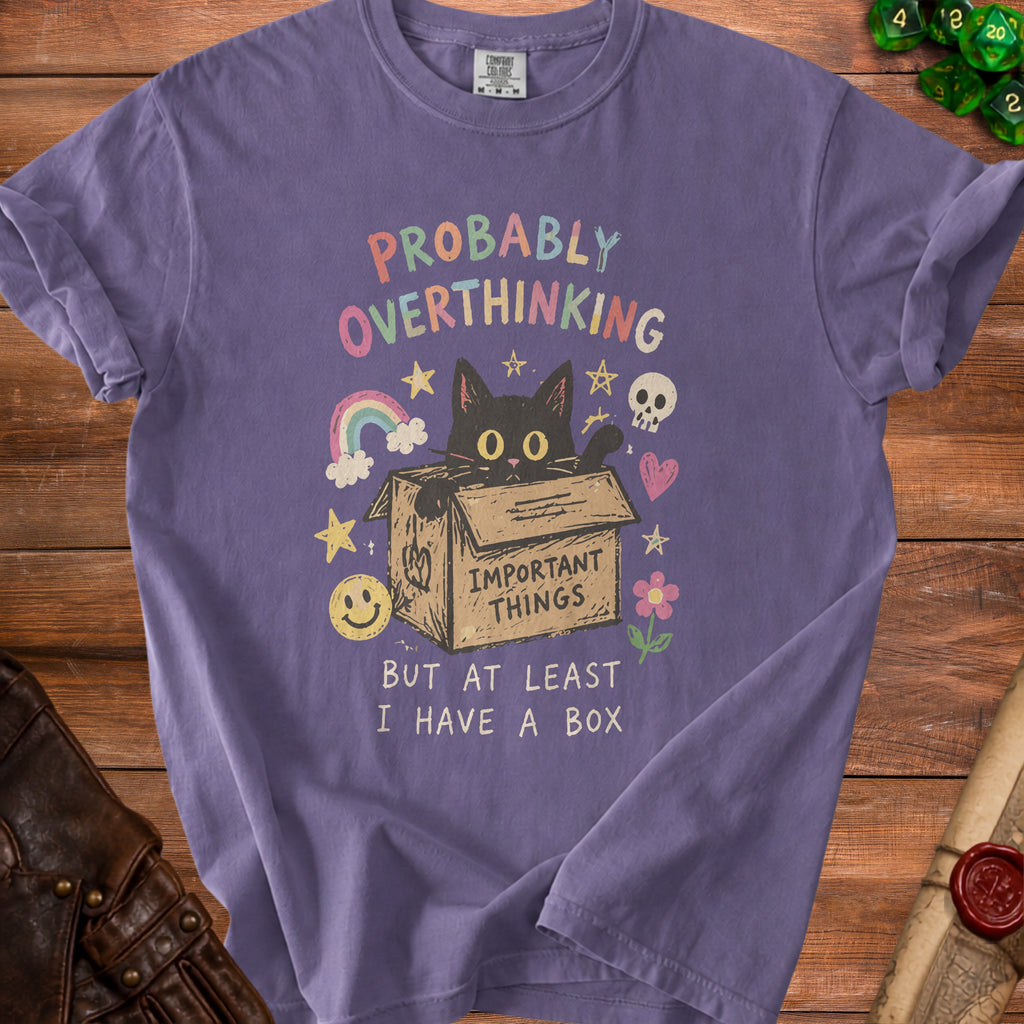 Purple t-shirt with black cat in a box and text "PROBABLY OVERTHINKING BUT AT LEAST I HAVE A BOX".