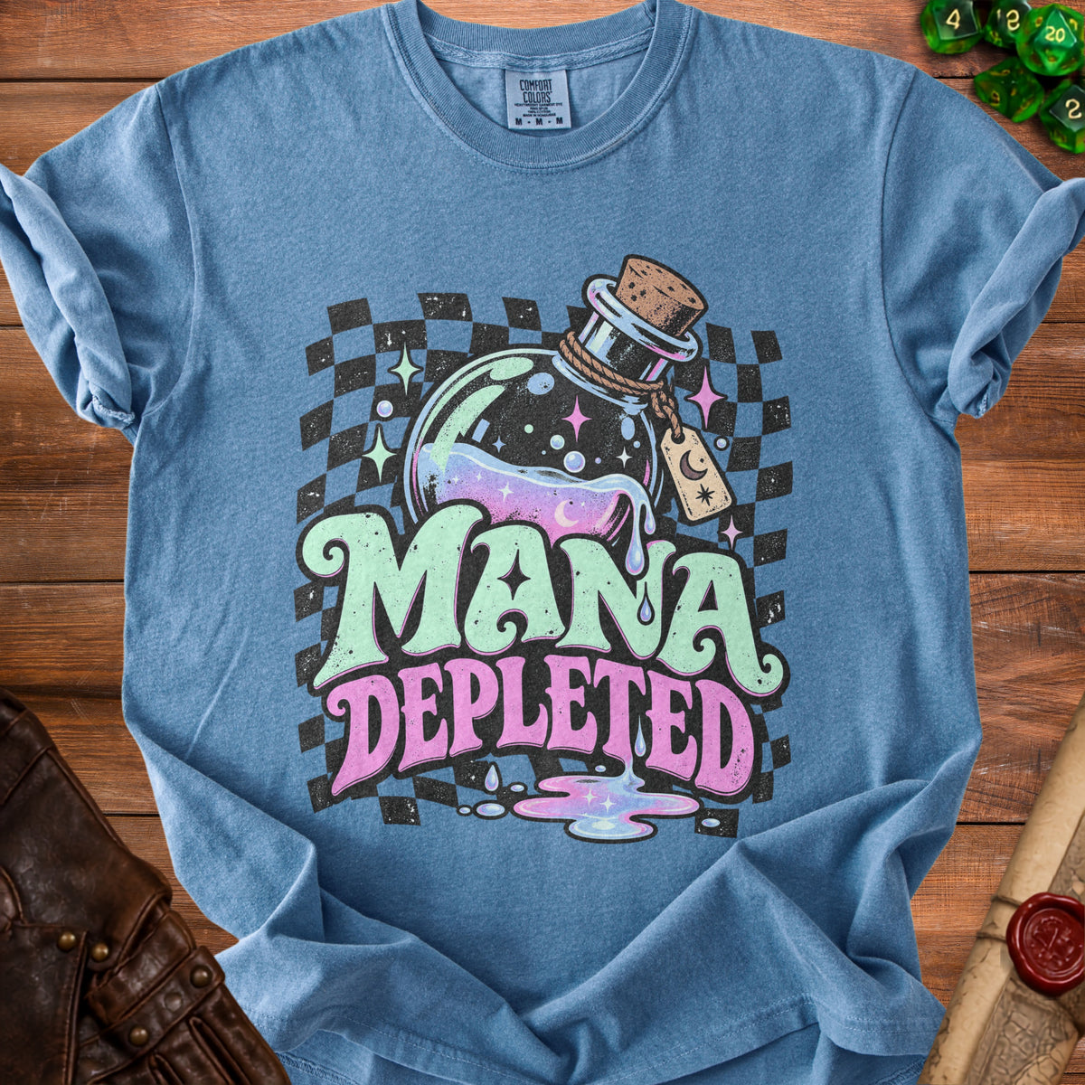 Blue t-shirt with "MANA DEPLETED" and a potion bottle graphic.