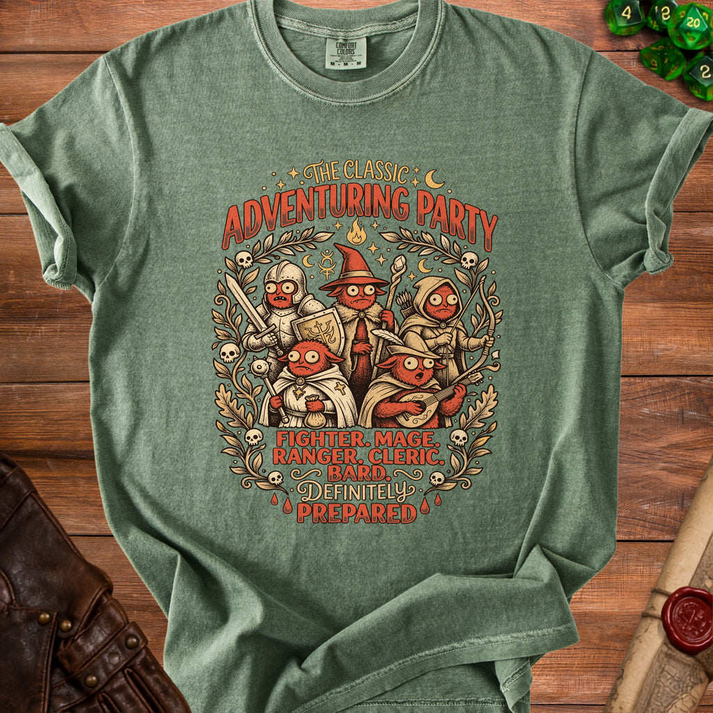 Green t-shirt with "The Classic Adventuring Party" graphic featuring fantasy characters.