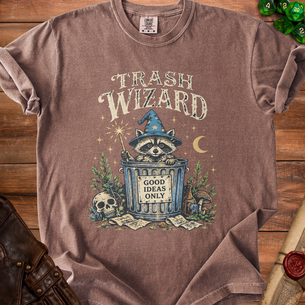 T-shirt graphic with raccoon wizard in trash can and text "Trash Wizard Good Ideas Only".