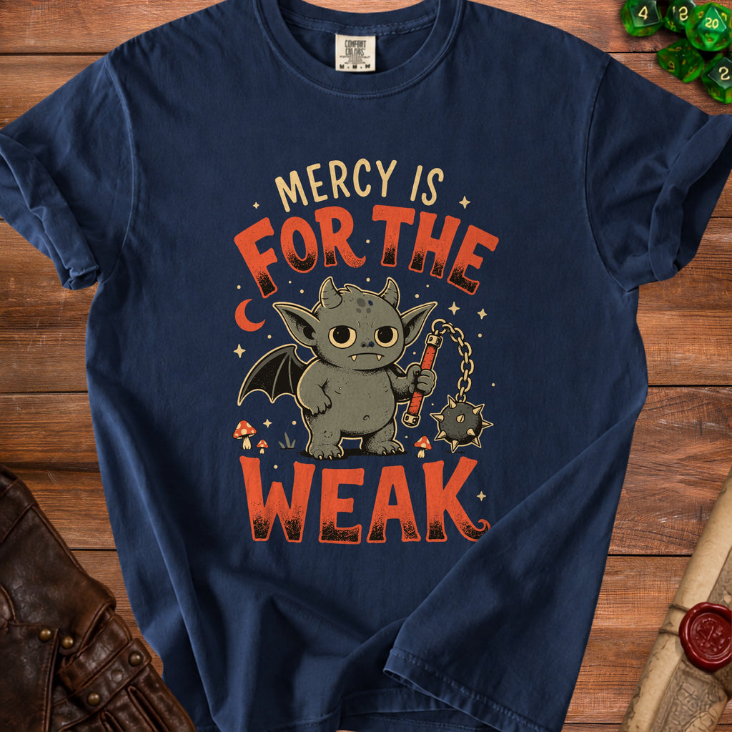 Navy t-shirt with a cute devil character and the text "MERCY IS FOR THE WEAK".