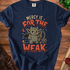 Navy t-shirt with a cute devil character and the text "MERCY IS FOR THE WEAK".