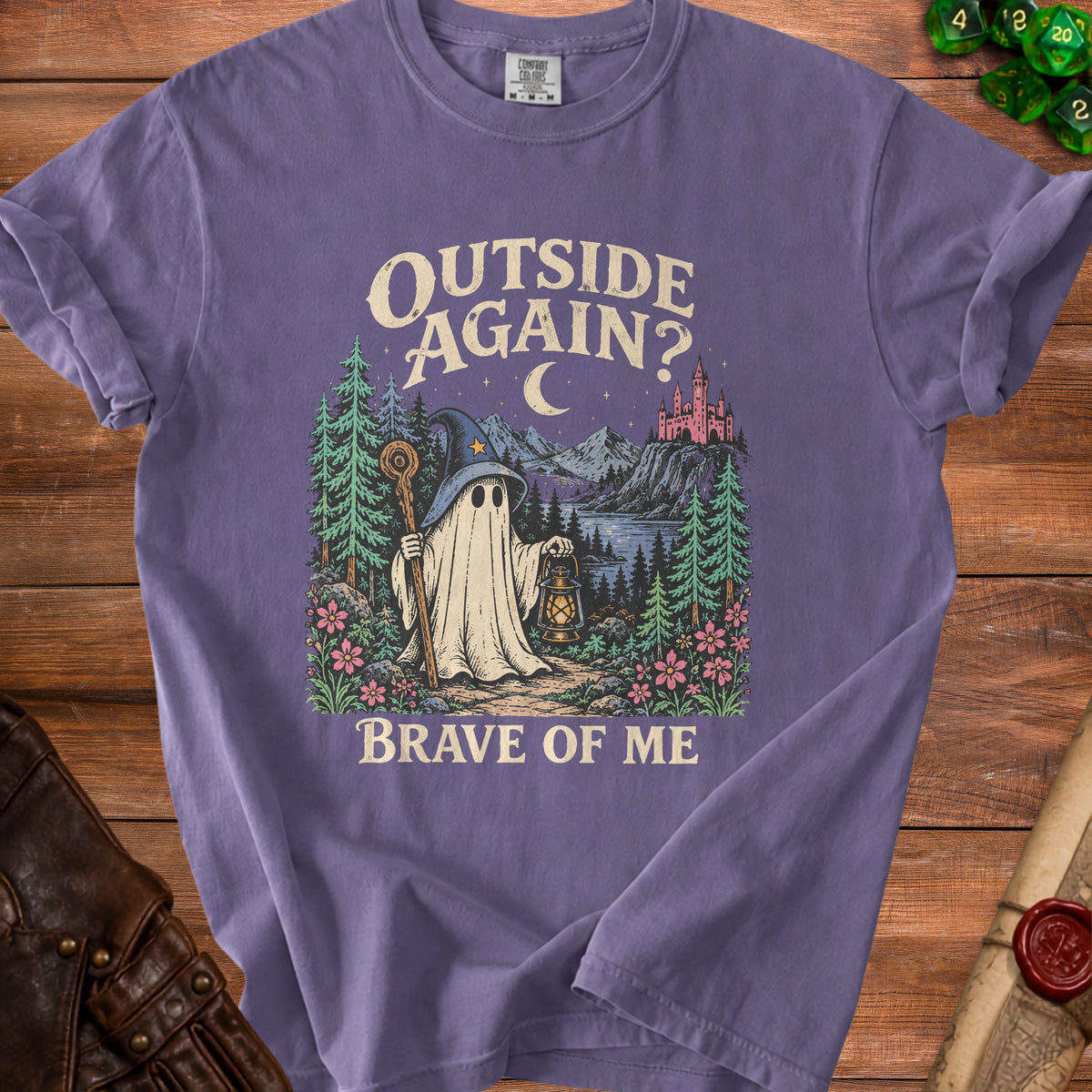 Ghost wizard holding lantern in forest with castle, text "OUTSIDE AGAIN? BRAVE OF ME".