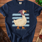 Navy t-shirt with a goose wearing a scarf and the text "stealth optional."