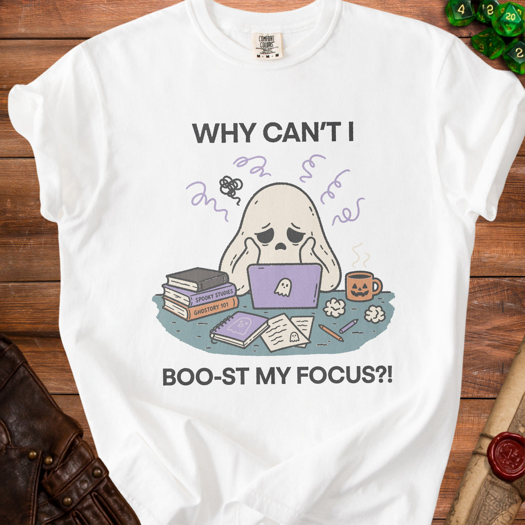 Ghost with books and laptop, "Why can't I boo-st my focus?!" text.