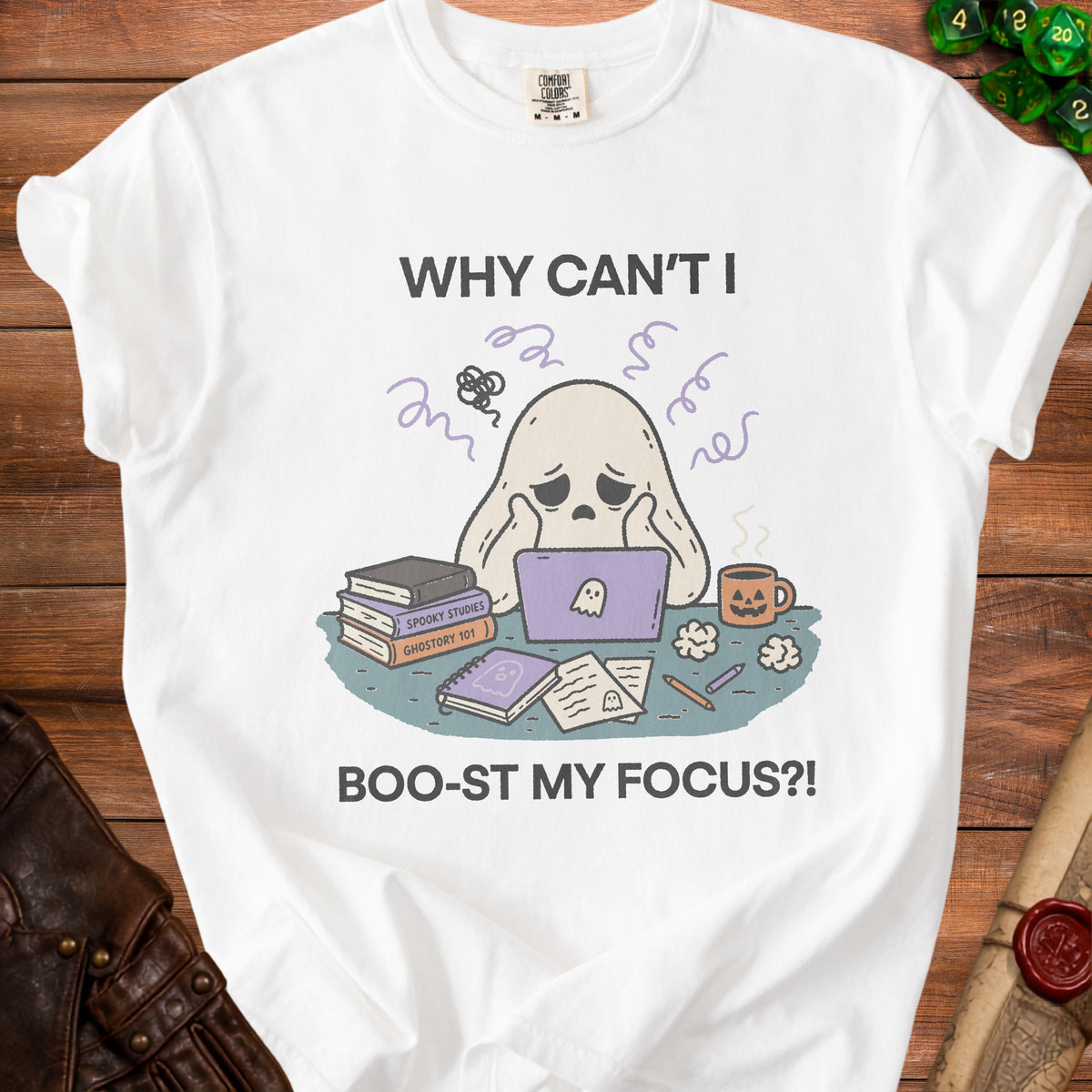 Ghost with books and laptop, "Why can't I boo-st my focus?!" text.
