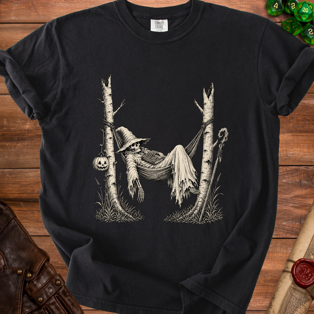 Skeleton in a wizard hat relaxing in a hammock between two trees.