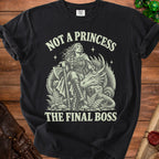 Black t-shirt with "Not a Princess The Final Boss" text and dragon rider graphic.