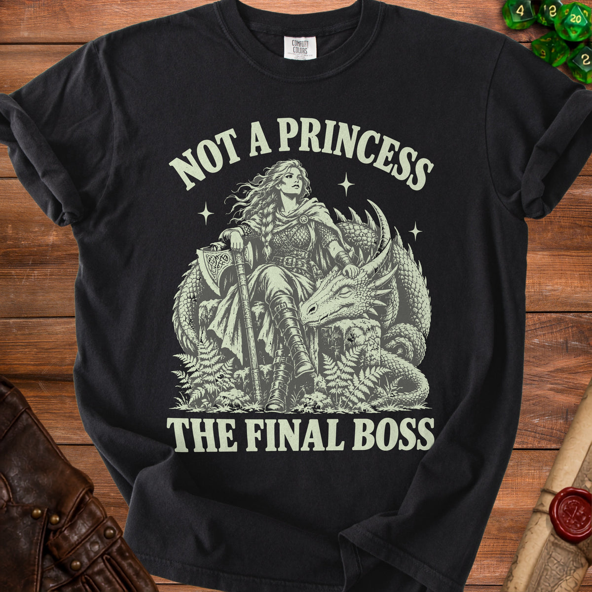 Black t-shirt with "Not a Princess The Final Boss" text and dragon rider graphic.