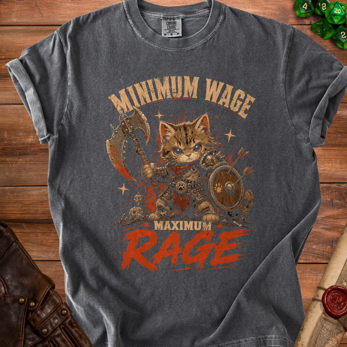 T-shirt graphic of a warrior cat with axe and shield, text says "Minimum Wage Maximum Rage".