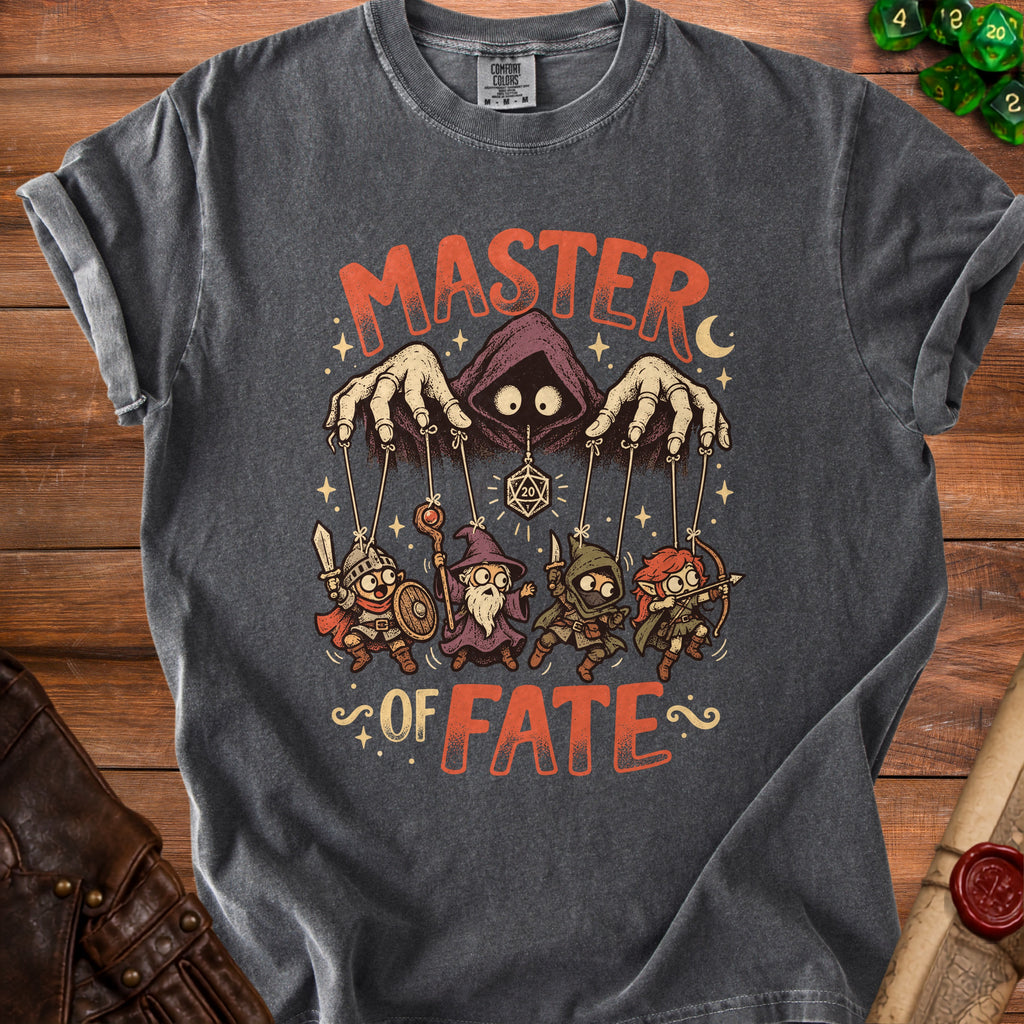 Dark gray t-shirt with "MASTER OF FATE" text and fantasy character graphic.