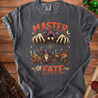 Dark gray t-shirt with "MASTER OF FATE" text and fantasy character graphic.