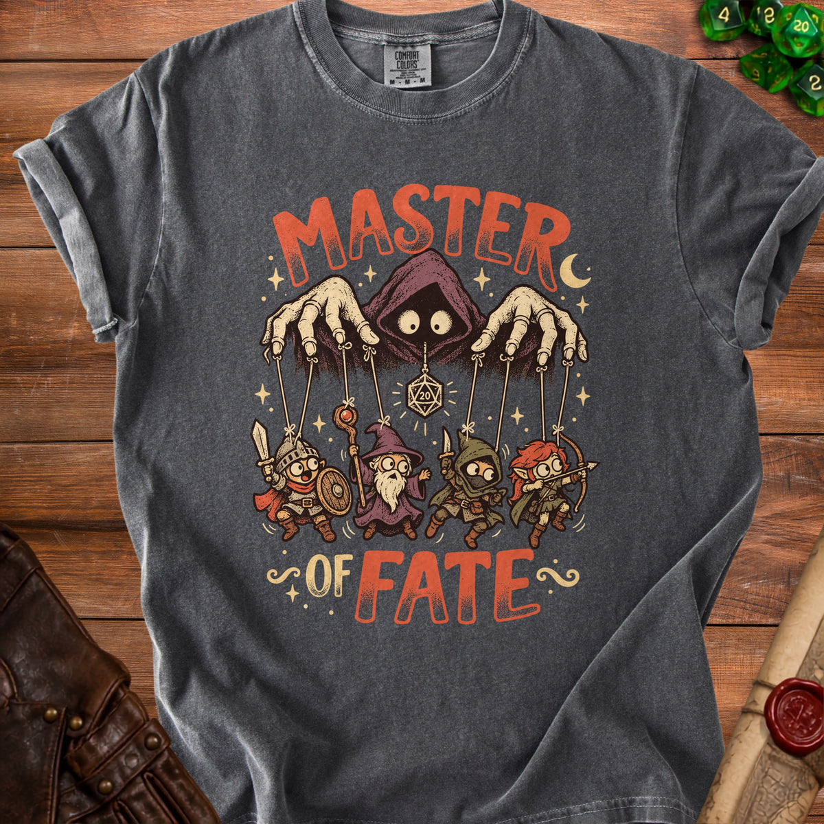 Dark gray t-shirt with "MASTER OF FATE" text and fantasy character graphic.