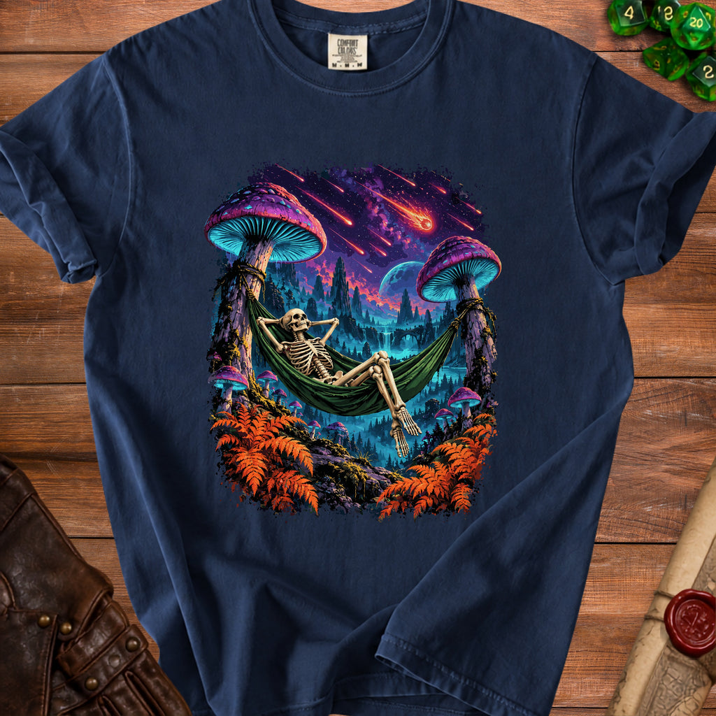Skeleton relaxing in a hammock with mushrooms and meteor shower in a fantastical landscape.