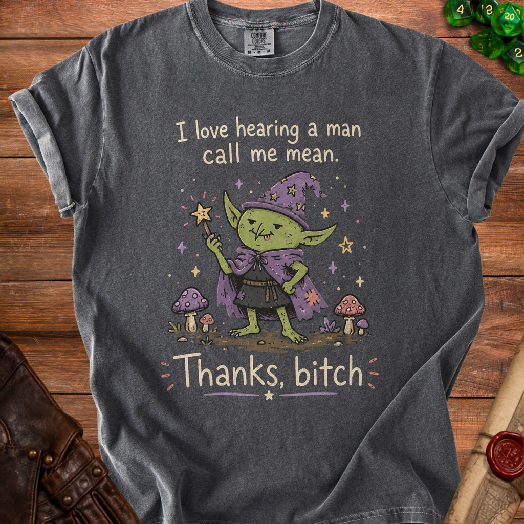 Dark grey t-shirt with a graphic of a green goblin in a wizard hat holding a wand and text.