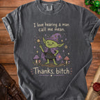 Dark grey t-shirt with a graphic of a green goblin in a wizard hat holding a wand and text.