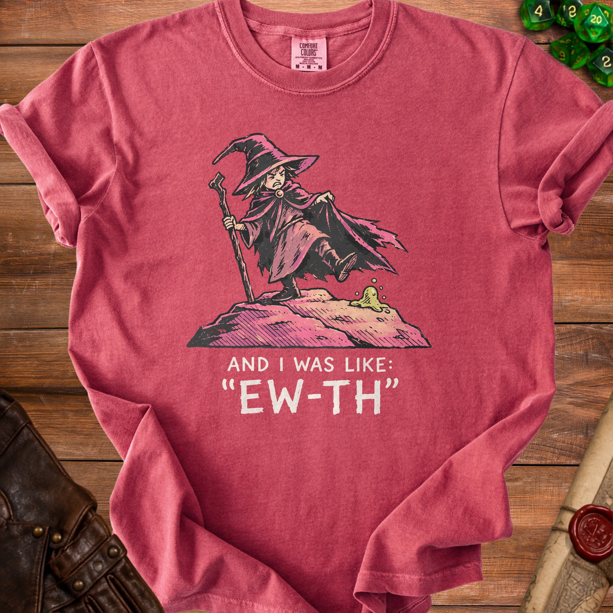 Red t-shirt with graphic of a witch exclaiming "EW-TH".
