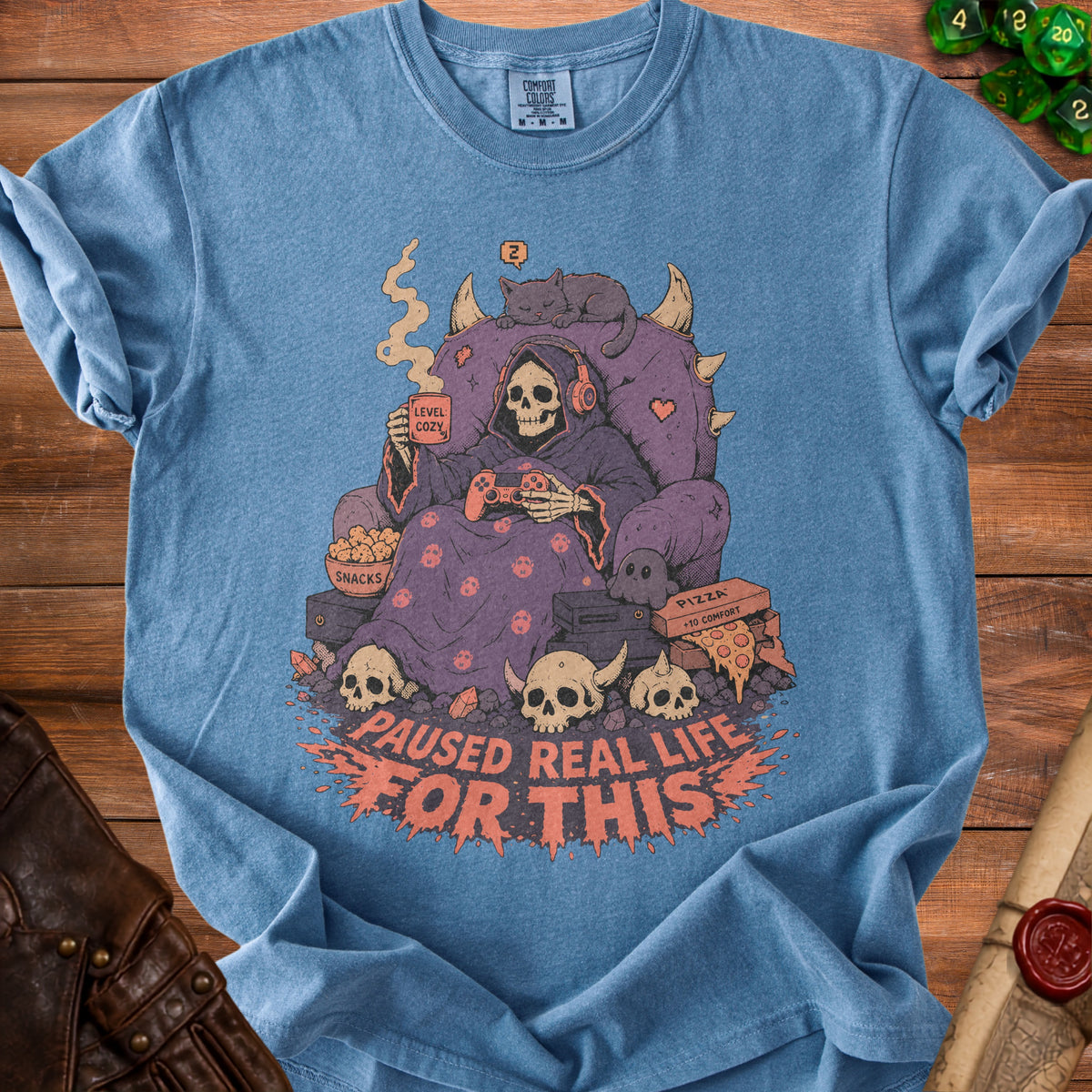 Grim Reaper playing video games, holding coffee, text "PAUSED REAL LIFE FOR THIS".