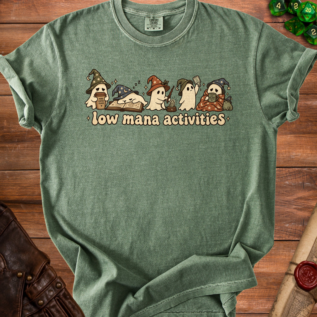 Green t-shirt with cartoon ghosts doing "low mana activities" and text.