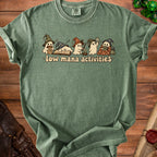 Green t-shirt with cartoon ghosts doing "low mana activities" and text.