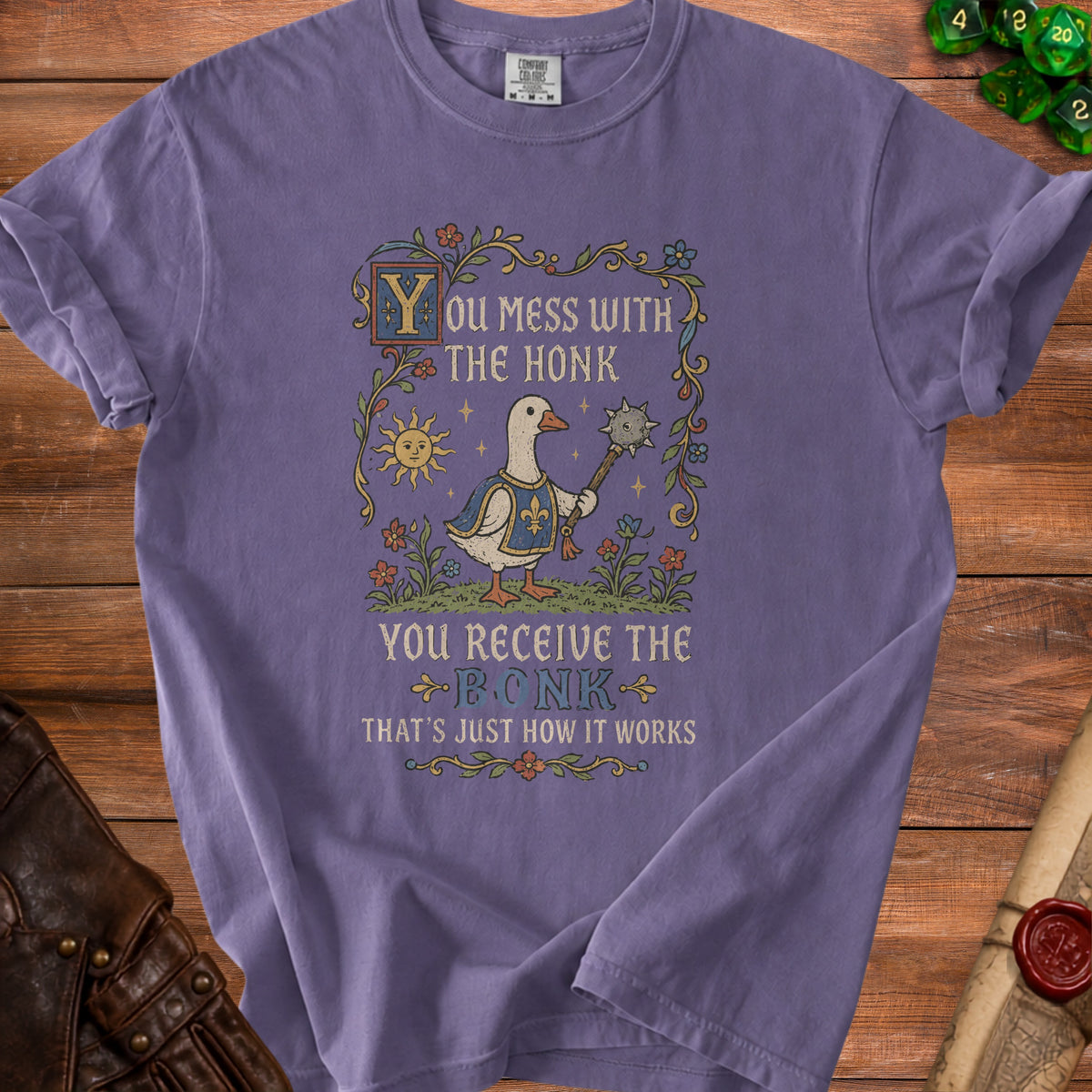 Purple t-shirt with goose graphic and text "You mess with the honk, you receive the bonk."