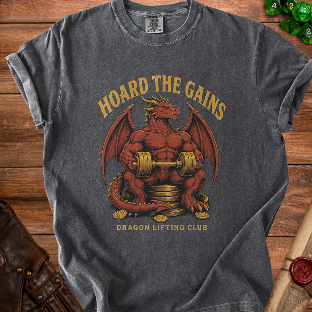 Dark grey t-shirt with a muscular red dragon lifting weights, text "HOARD THE GAINS".